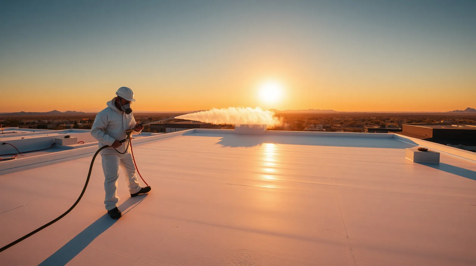 Spray foam roofing contractors applying SPF roofing on a flat commercial rooftop in Arizona at golden hour