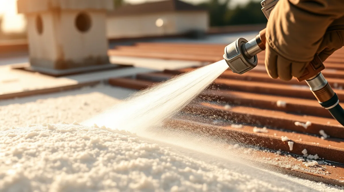Spray foam roofing applicator spraying polyurethane foam onto a roof substrate